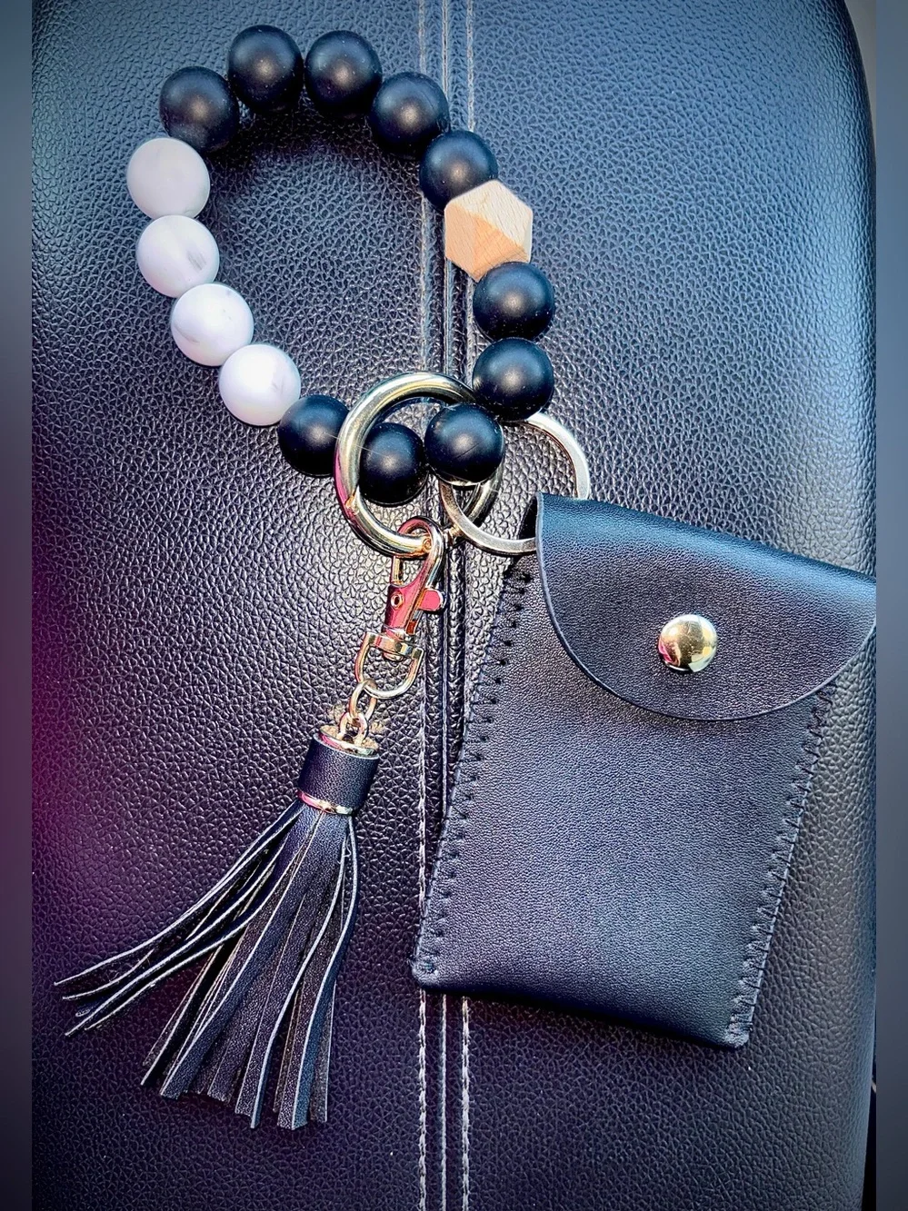Black Beaded Wristlet Keychain with Black Tassel and Mini Pouch